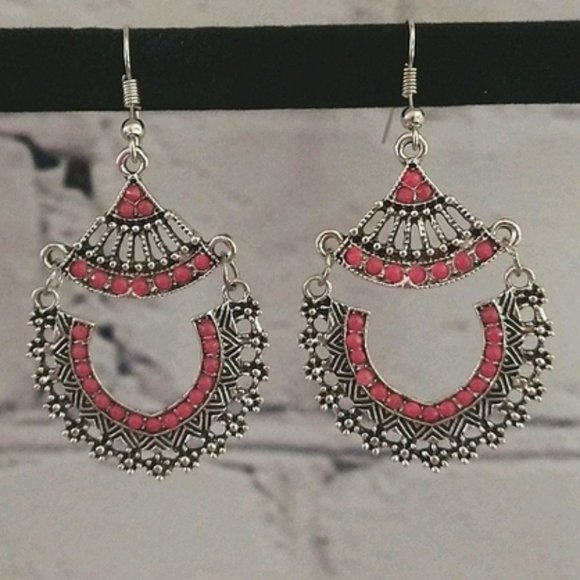 Silver Pink Bohemian Dangle Earrings - Picture 4 of 4